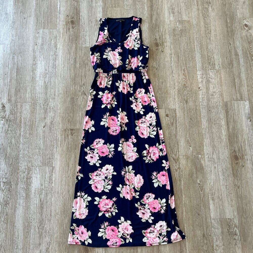 Womens Three Pink Hearts Blue with Pink Floral Print Maxi Dress - M